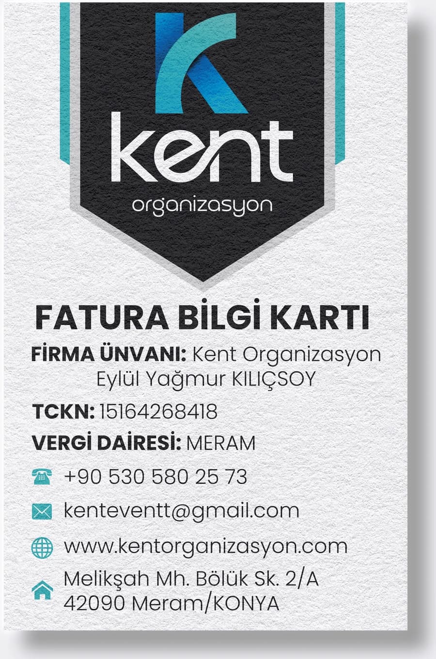 Kent Organizasyon fatura bilgi kartı